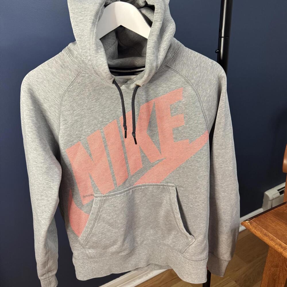 Nike, Vintage Style Pink Logo, Grey Hoodie, Small